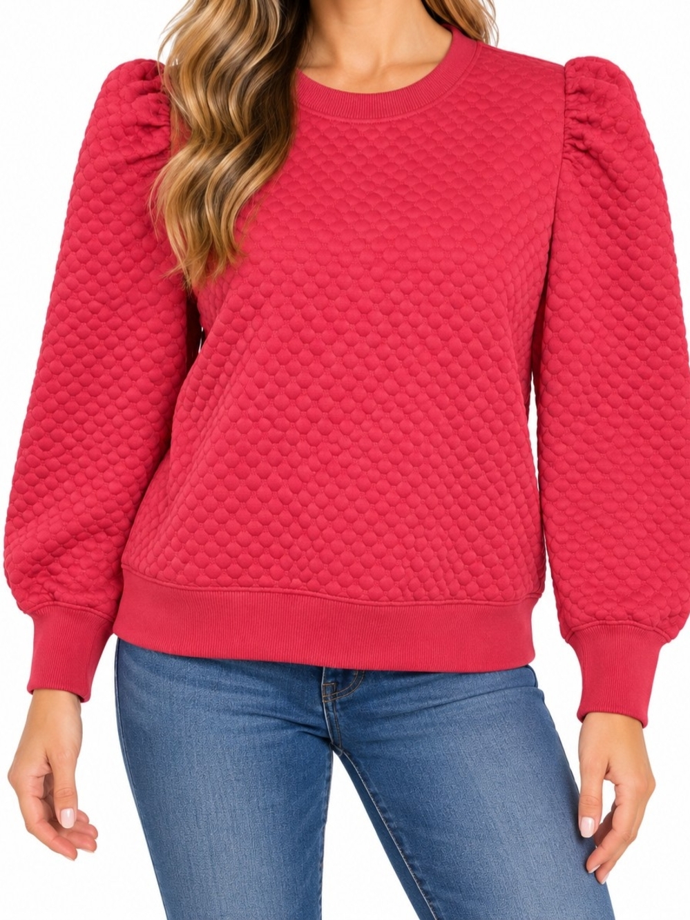 Quilted Puff-Sleeve Pullover Sweatshirt - Bright Pink - NWT